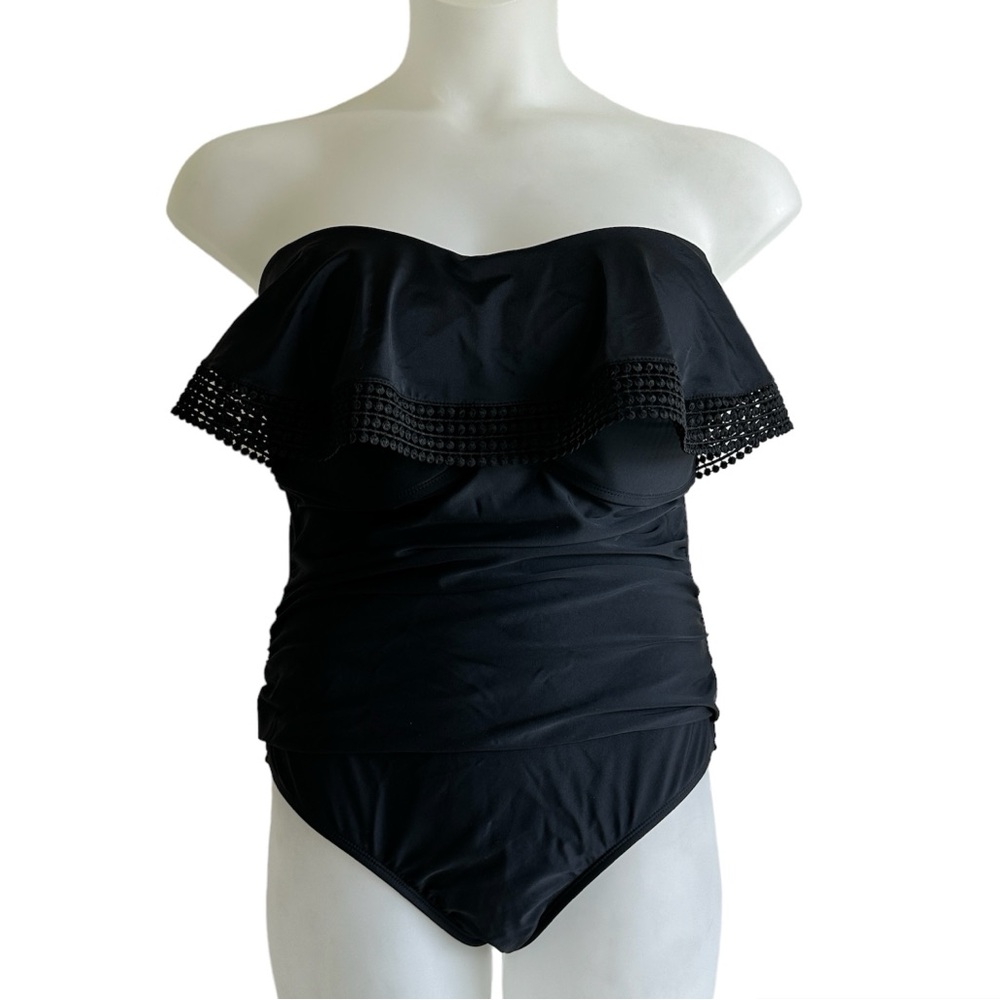 Kona Sol Black Strapless One-Piece Swimsuit with Ruffle